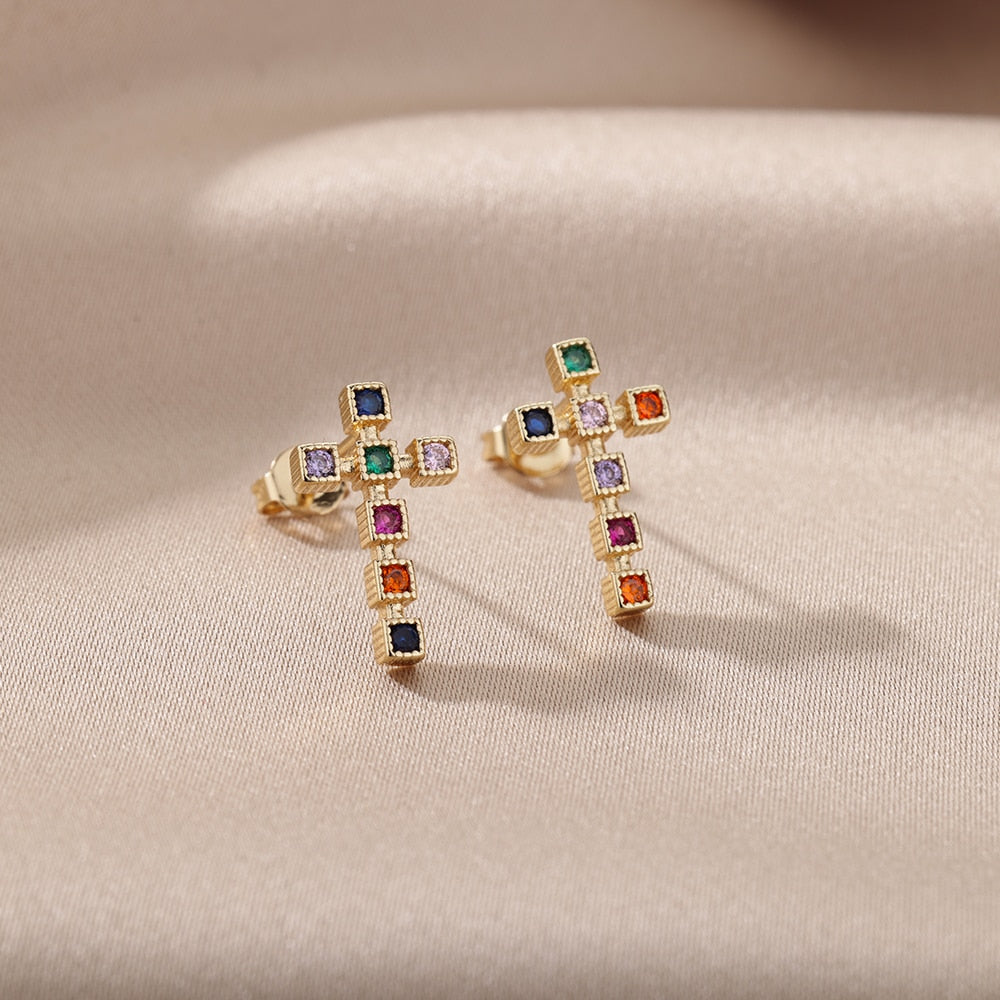 Colorful Zircon Cross Stud Earrings For Women Stainless Steel Crystal Earrings Retro Boho Religious Jewelry pendientes mujer