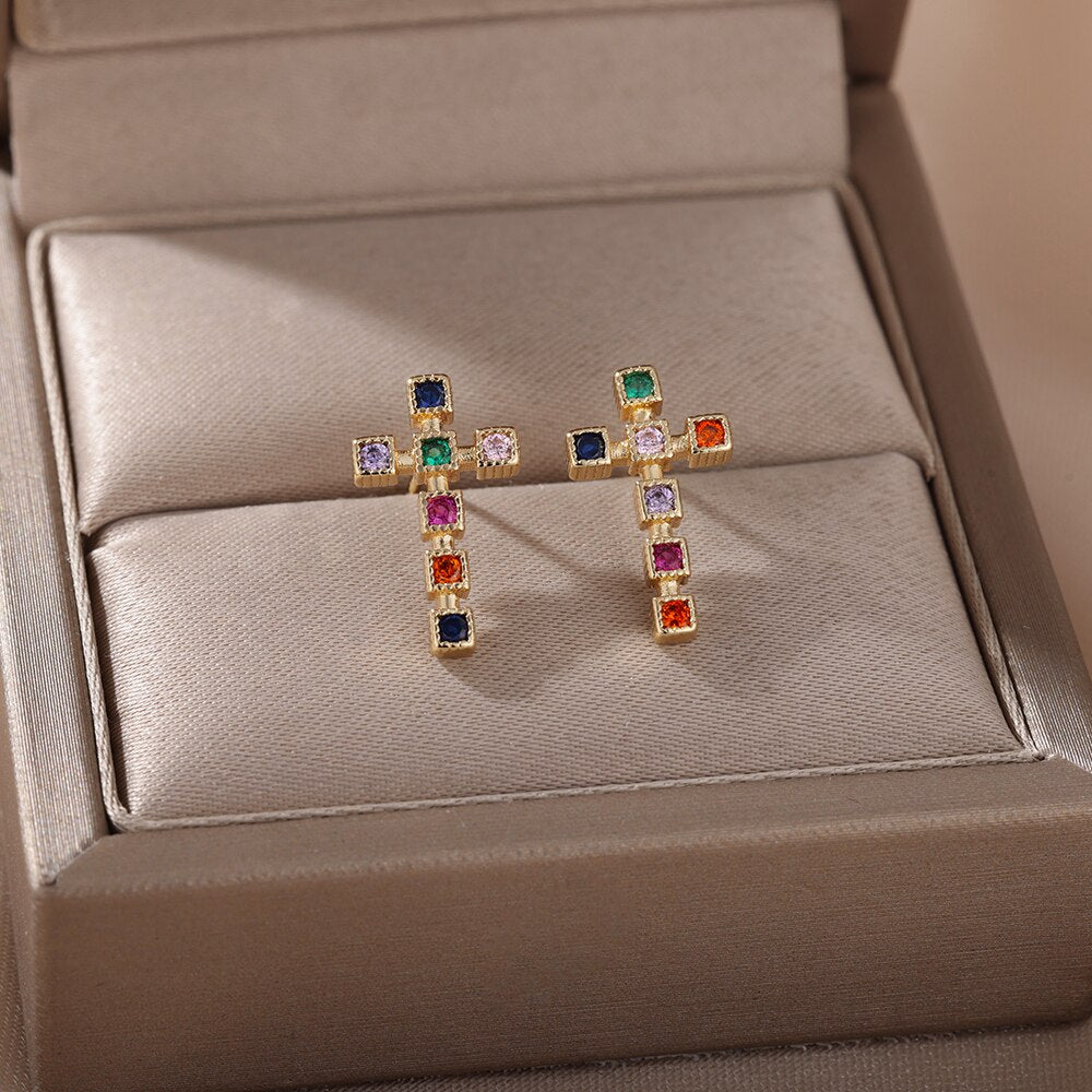 Colorful Zircon Cross Stud Earrings For Women Stainless Steel Crystal Earrings Retro Boho Religious Jewelry pendientes mujer