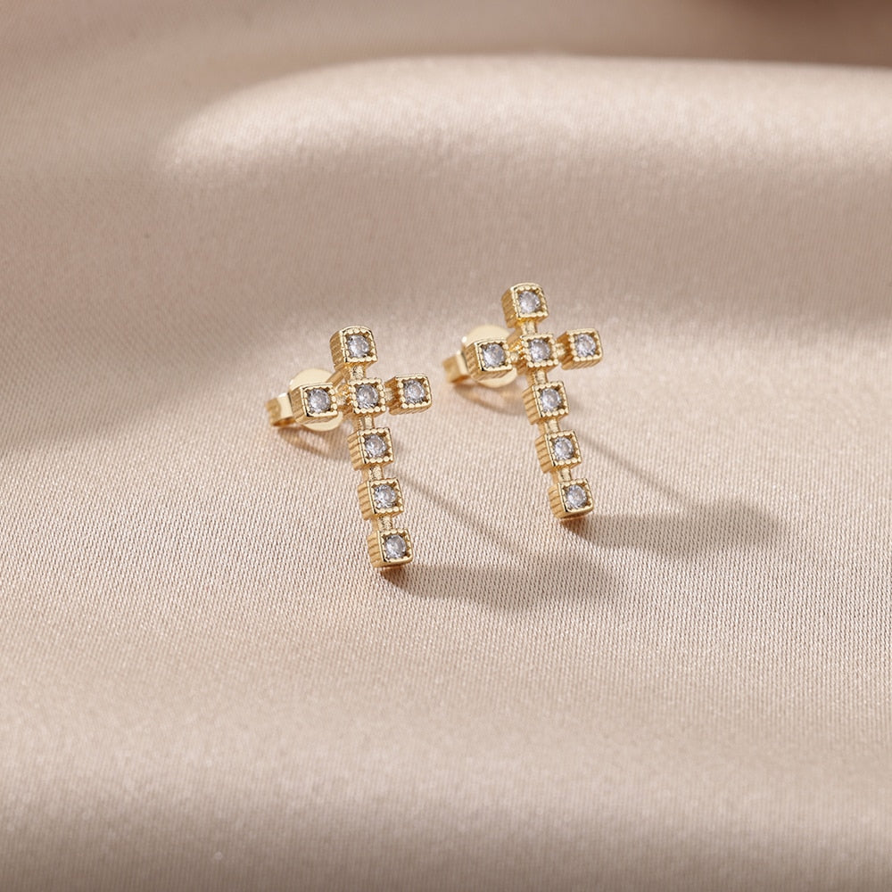Colorful Zircon Cross Stud Earrings For Women Stainless Steel Crystal Earrings Retro Boho Religious Jewelry pendientes mujer