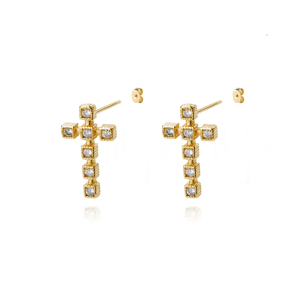 Colorful Zircon Cross Stud Earrings For Women Stainless Steel Crystal Earrings Retro Boho Religious Jewelry pendientes mujer
