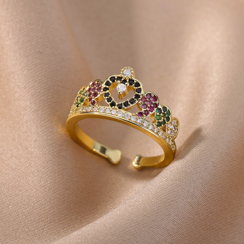 Colorful Zircon Crown Heart Rings for Women Gold Plated Open Stainless Steel Ring Vintage  Wedding Jewelry anillos mujer