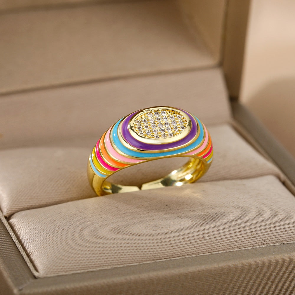 Colorful Zircon Dripping Oil Rings For Women Adjustable Open Stainless Steel Enamel Ring Engagement Wedding Couple Jewerly Gift