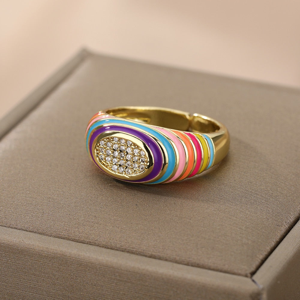 Colorful Zircon Dripping Oil Rings For Women Adjustable Open Stainless Steel Enamel Ring Engagement Wedding Couple Jewerly Gift
