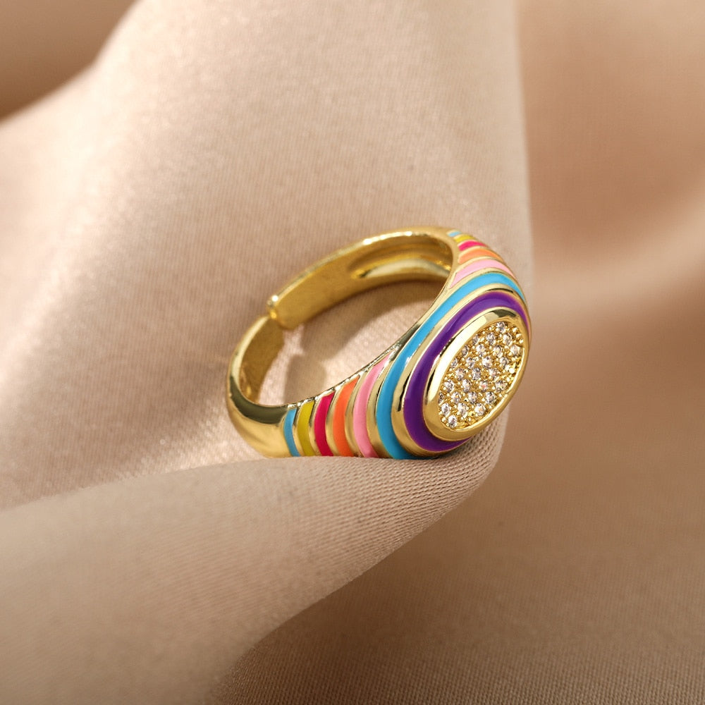 Colorful Zircon Dripping Oil Rings For Women Adjustable Open Stainless Steel Enamel Ring Engagement Wedding Couple Jewerly Gift