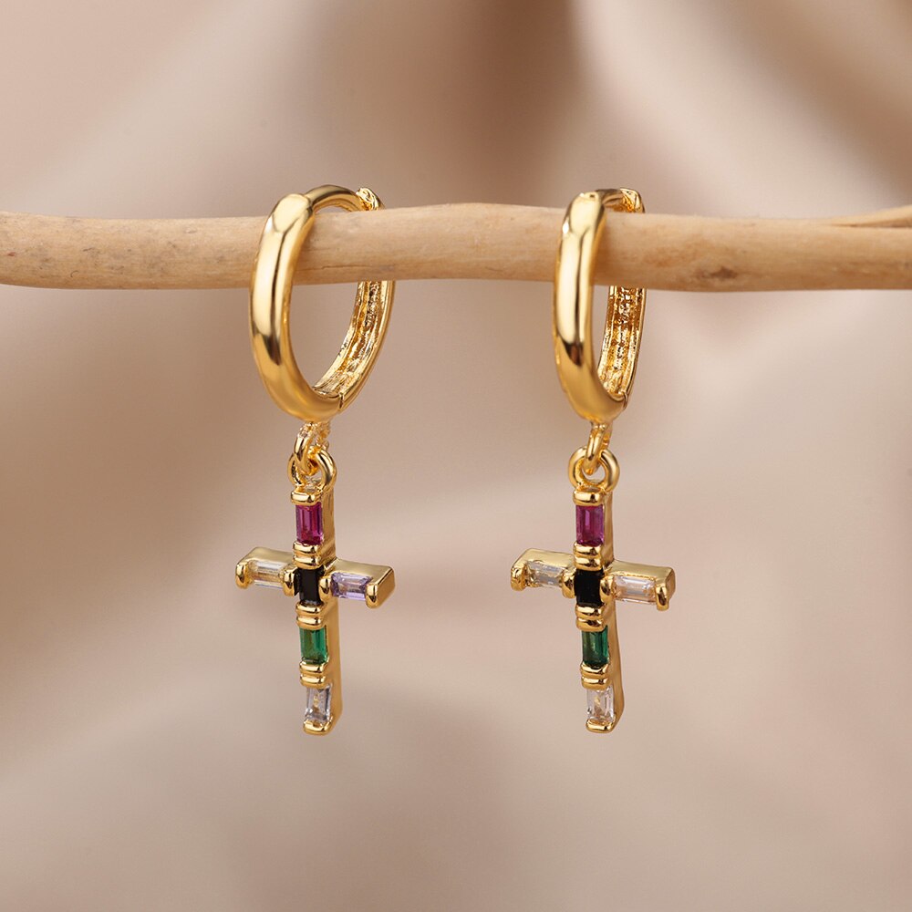 Colorful Zircon Drop Earrings for Women Stainless Steel Dangle Earring in Religion Style Wedding Jewerly Christmas Gifts