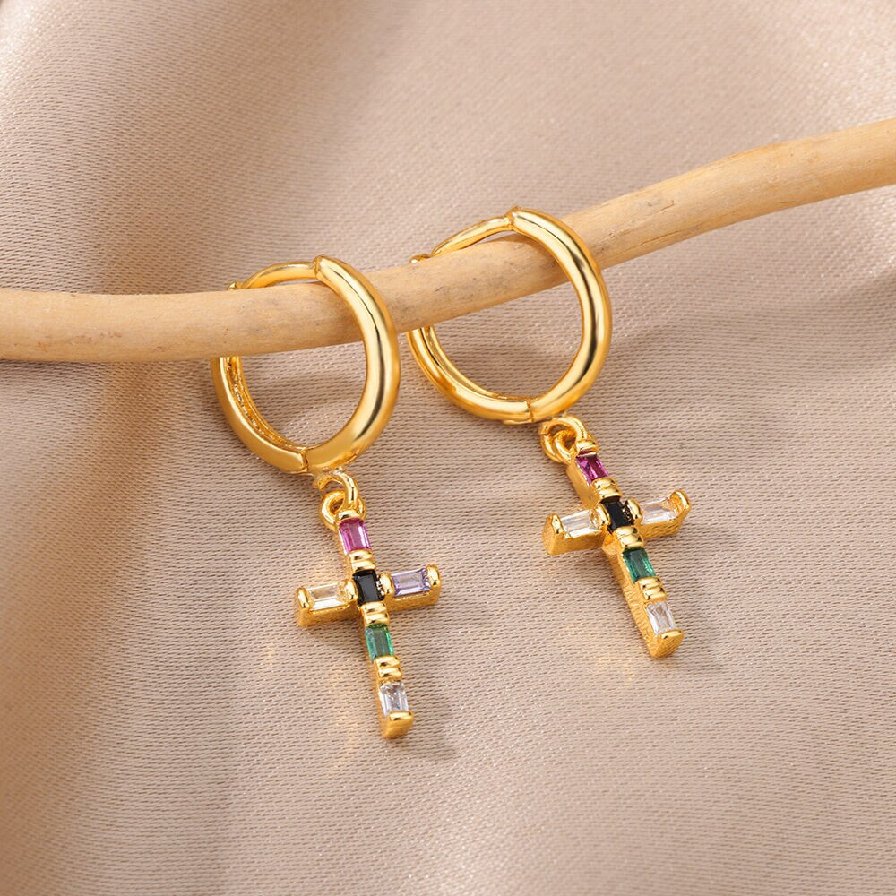 Colorful Zircon Drop Earrings for Women Stainless Steel Dangle Earring in Religion Style Wedding Jewerly Christmas Gifts