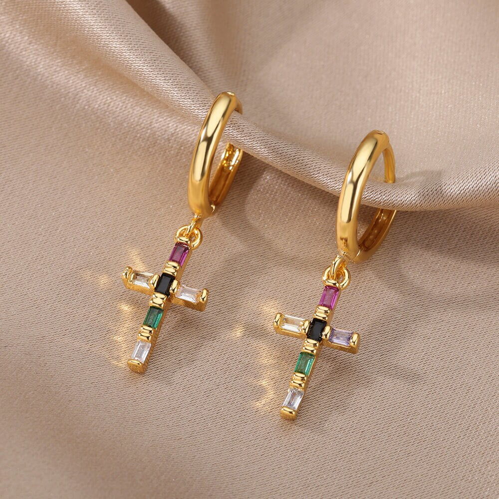 Colorful Zircon Drop Earrings for Women Stainless Steel Dangle Earring in Religion Style Wedding Jewerly Christmas Gifts