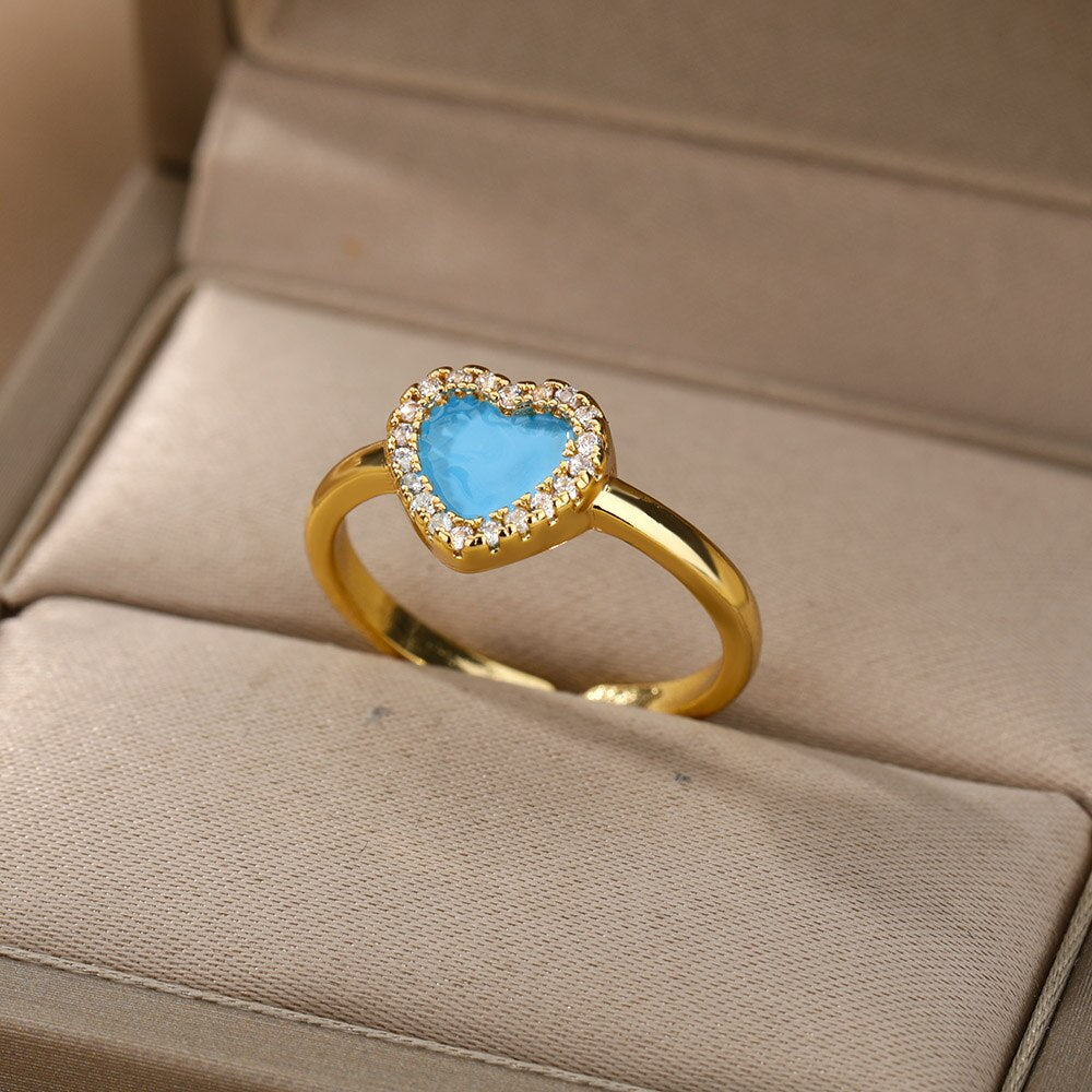 Colorful Zircon Heart Rings For Women Open Adjustable Stainless Stainless Crystal Finger Ring Bling Party Couple Jewerly anillos