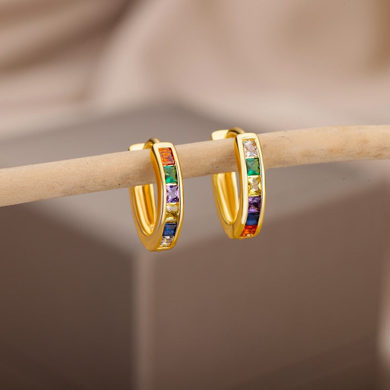 Colorful Zircon Hoop Earrings for Women Stainless Steel Gold Color Round Earrings Trend 2023 Couple Wedding Piercing Jewerly