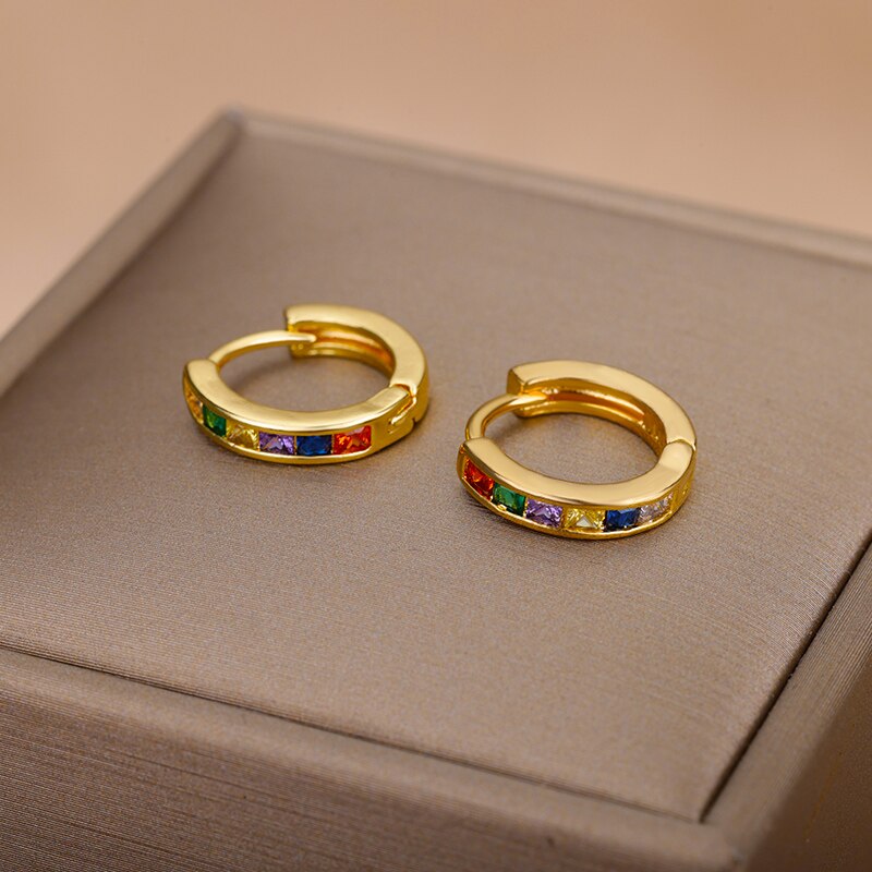 Colorful Zircon Hoop Earrings for Women Stainless Steel Gold Color Round Earrings Trend 2023 Couple Wedding Piercing Jewerly