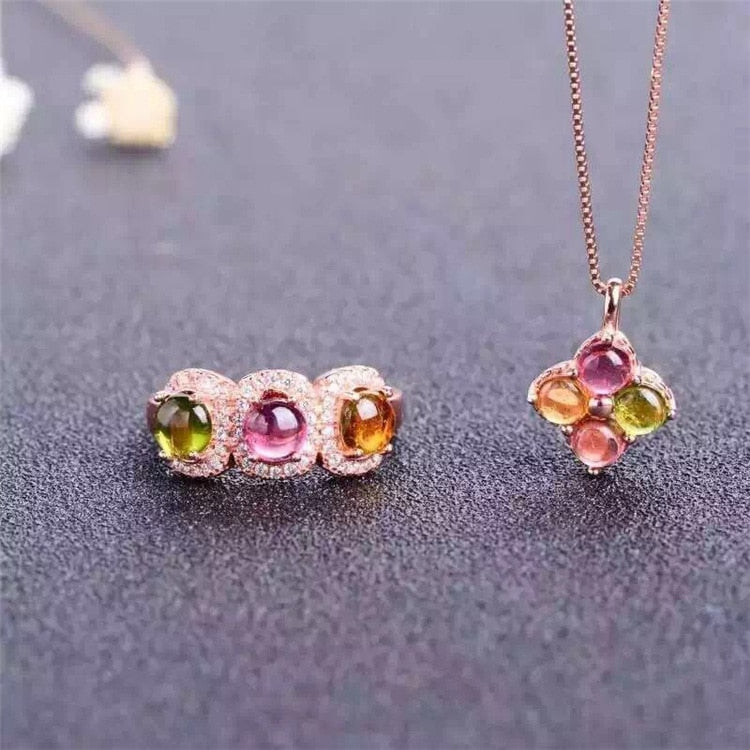 Colorful jewelry natural tourmaline jewelry set 925 Silver Ring + Necklace Pendant