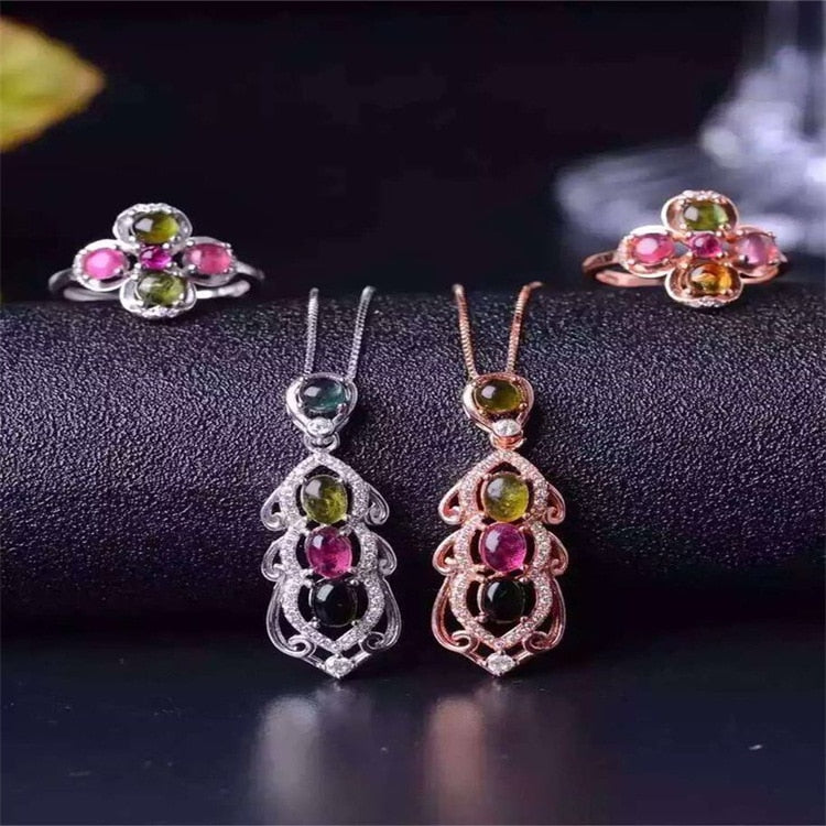 Colorful jewelry natural tourmaline jewelry set 925 Silver Ring + Pendant + bracelet set of natural gemstones