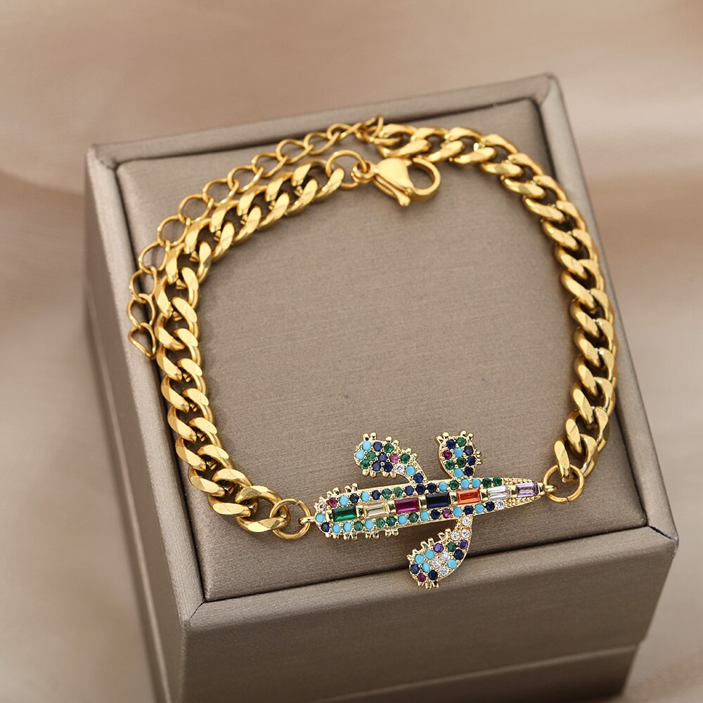 Colourful Crystal Zircon Cactus Bracelets For Women Girls Stainless Steel Gold Color Bracelet Plant Boho Jewelry pulseras mujer