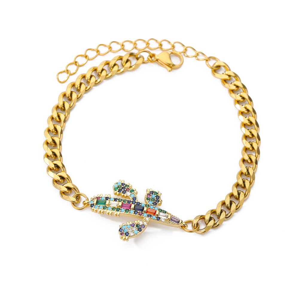 Colourful Crystal Zircon Cactus Bracelets For Women Girls Stainless Steel Gold Color Bracelet Plant Boho Jewelry pulseras mujer