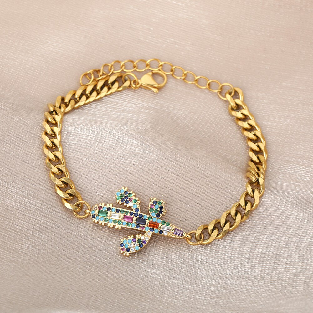 Colourful Crystal Zircon Cactus Bracelets For Women Girls Stainless Steel Gold Color Bracelet Plant Boho Jewelry pulseras mujer