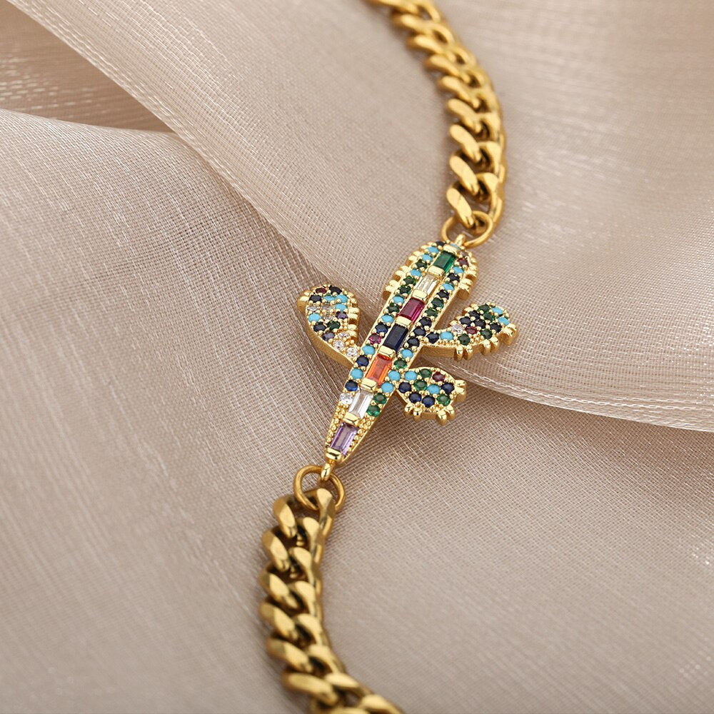 Colourful Crystal Zircon Cactus Bracelets For Women Girls Stainless Steel Gold Color Bracelet Plant Boho Jewelry pulseras mujer