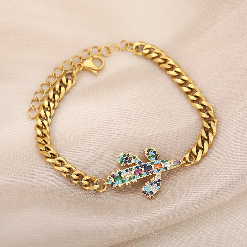 Colourful Crystal Zircon Cactus Bracelets For Women Girls Stainless Steel Gold Color Bracelet Plant Boho Jewelry pulseras mujer