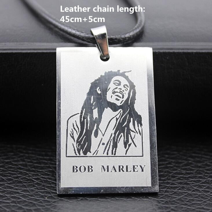 Cool Boy Men Reggae Bob Marley Stainless steel Tag Pendant Necklace Punk Rock Laser plating Leather Beads chain Jewelry Gift Who