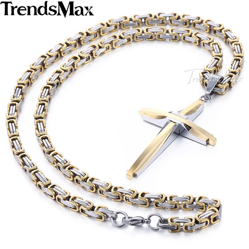 Cool Cross Pendant Necklace For Men Stainless Steel Byzantine Chain Necklaces Gold Silver Black 2020 Fashion Men Jewelry KPM82