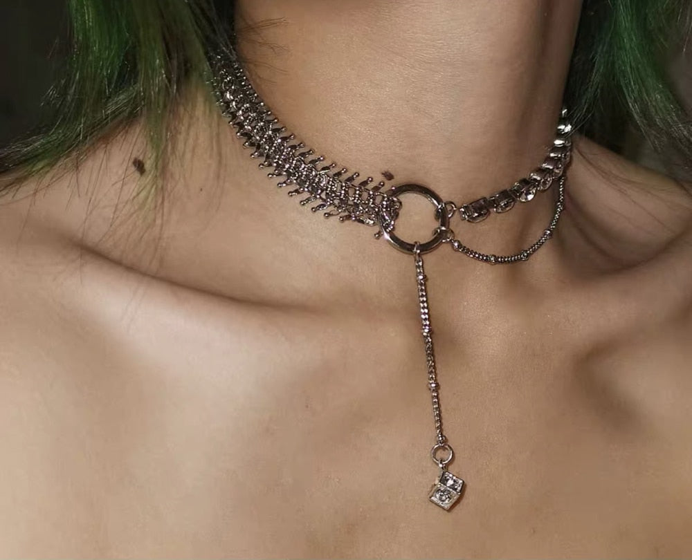 Cool Fish Bone Square Metal Long Tassel Choker Necklace For Women Girl Punk Hip Hop Novelty Pendant Necklace Trendy Jewelry Rock