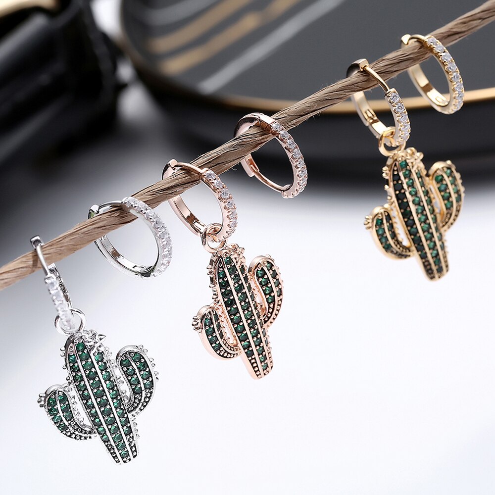 Copper Earrings with Gold Silver Color Cubic Zircon Hoop Earring for Women Jewelry Cactus Charm Earrings 2022 Design