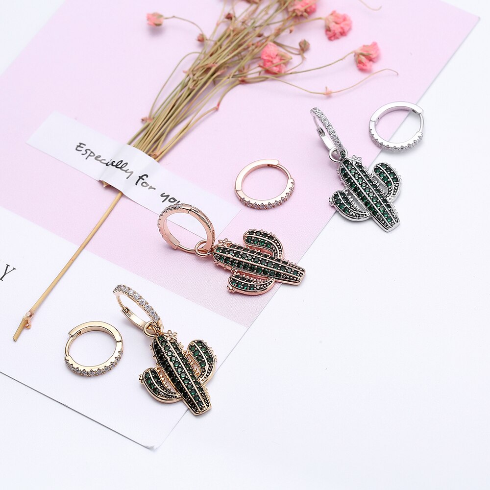 Copper Earrings with Gold Silver Color Cubic Zircon Hoop Earring for Women Jewelry Cactus Charm Earrings 2022 Design