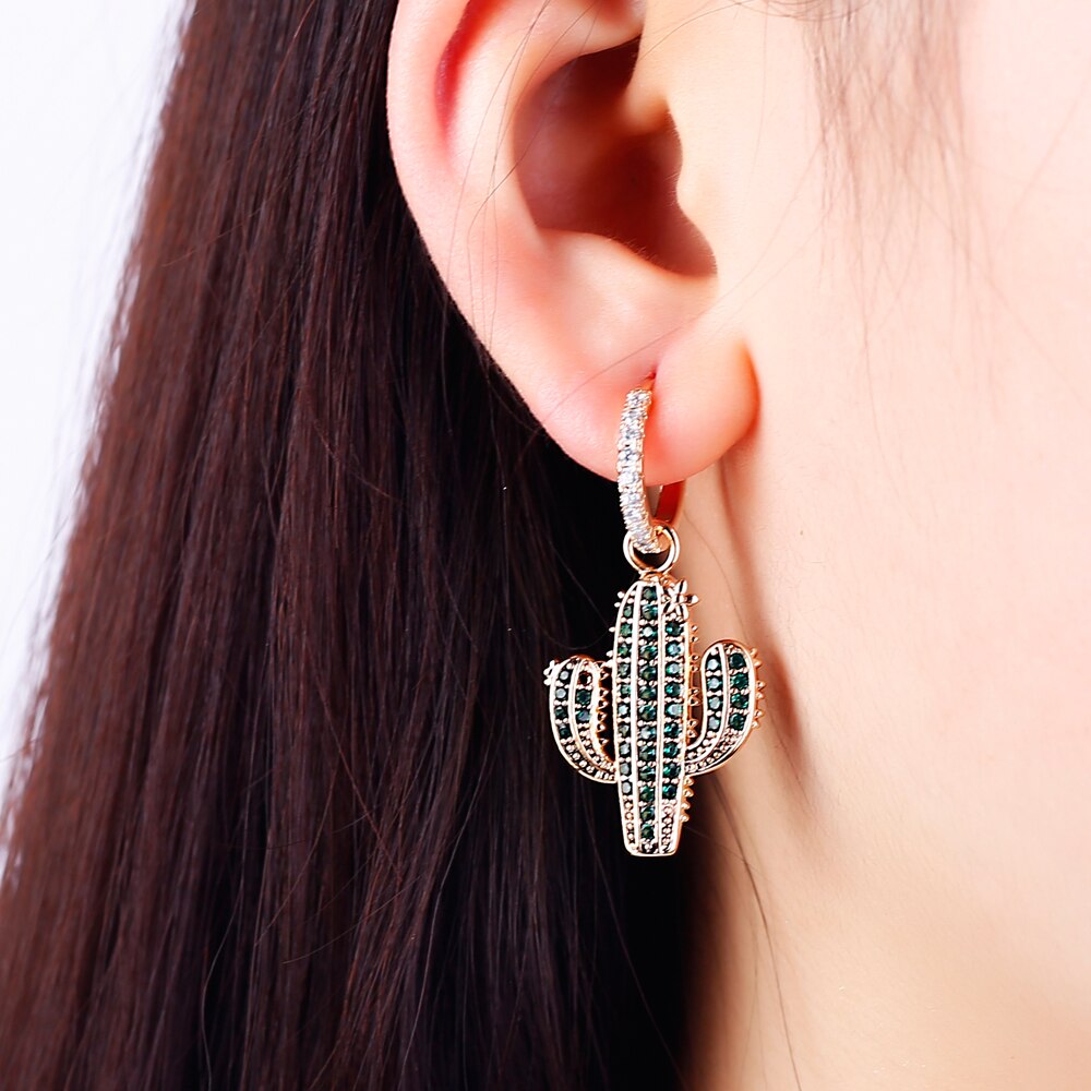 Copper Earrings with Gold Silver Color Cubic Zircon Hoop Earring for Women Jewelry Cactus Charm Earrings 2022 Design
