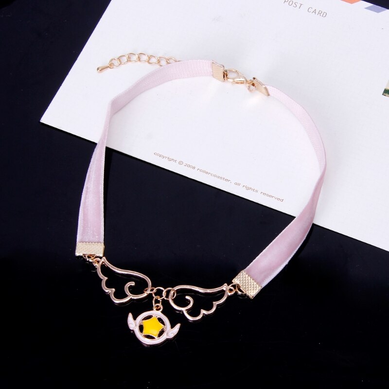 Cosplay Pendant Necklace Enamel Wing Star Heart Card Captor Sakura Velvet Choker