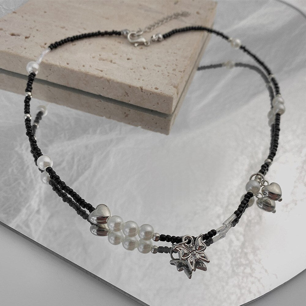 Cosysail Simple Pearl Butterfly Pendant Necklace Female Boho Y2K Black Beaded Choker Necklace Clavicle Chain Necklace Jewelry