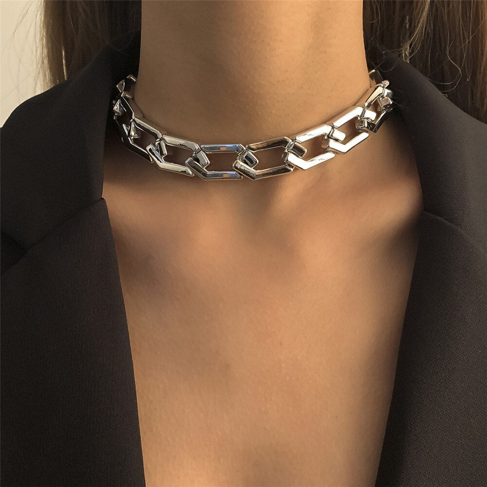Cosysail Vintage Hexagon Thick Chains Choker Necklace Punk Chunky Short Collar Necklace for Female Jewelry 2021