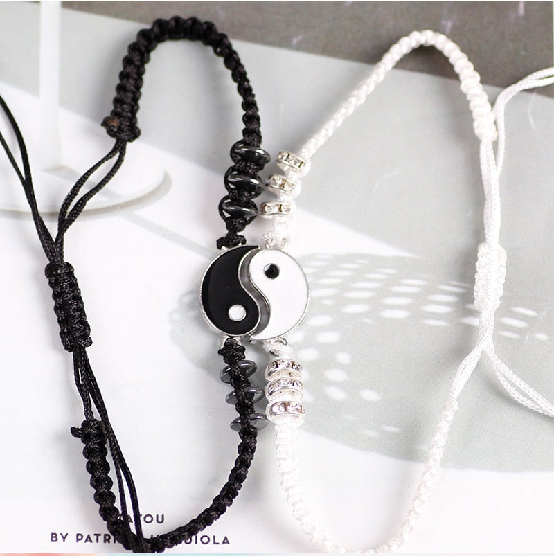 Couple Bracelets Necklaces Chinese Tai Chi Fengshui Bring Luck Leather Cord Braid Bracelet Alloy Pendant Woven Bracelet Gift