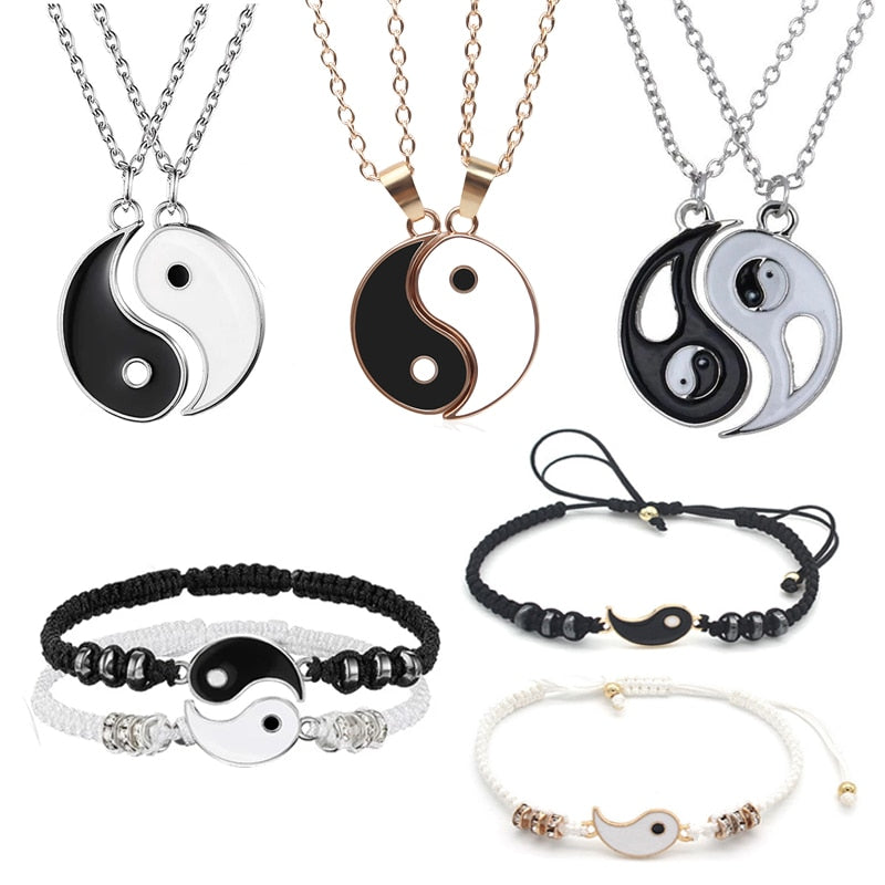 Couple Bracelets Necklaces Chinese Tai Chi Fengshui Hematite Leather Cord Braid Chain Bracelet Alloy Pendant Woven Bracelet Gift