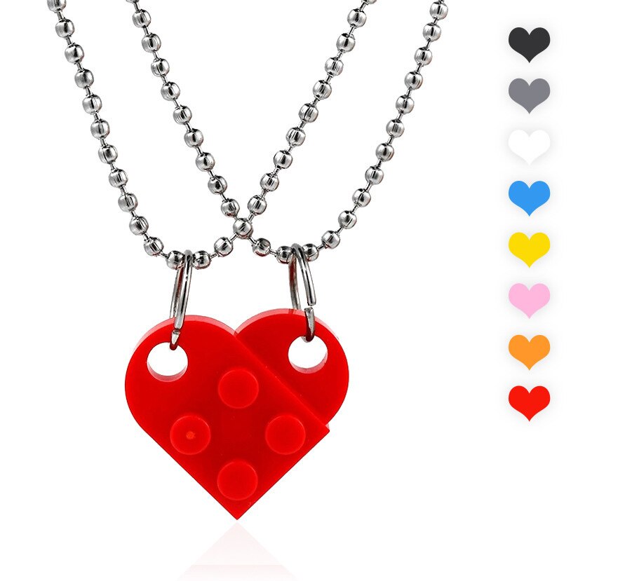 Couples Brick Heart Pendant Shaped Necklace for Friendship 2 Two Piece Jewelry Made with Lego Elements Valentine's Day Gift