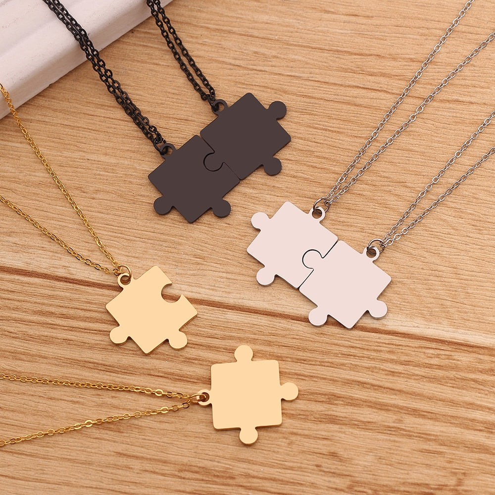 Couples Jigsaw Necklaces 2pcs/Set For Women Lover's Gold And Black Silver Color Puzzle Pendant Love Necklace Jewelry Gift