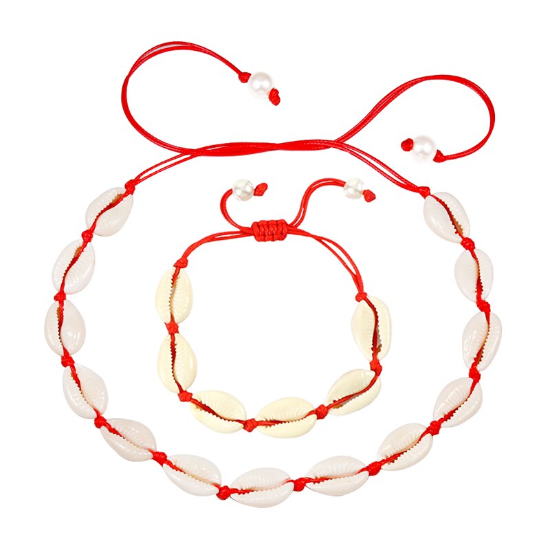 Cowrie Shells Necklace Bracelet Set Natural Seashells Knit Chain Rope Girl Choker Bracelets Adjustable Jewelry Friend Gift