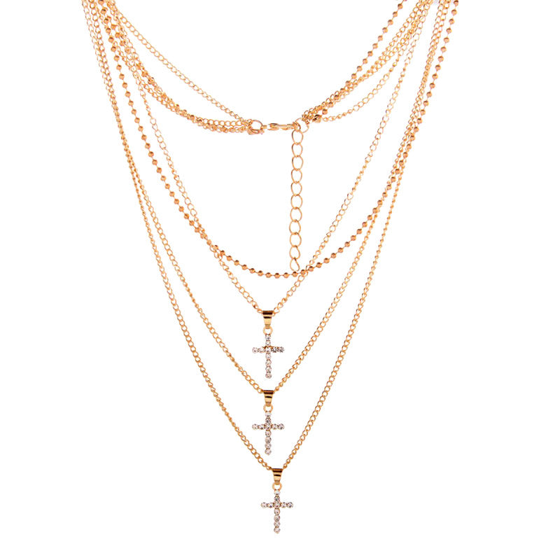 Bohemia Jewelry Multi Layer Choker Necklaces for Women Fashion Cross Pendant Vintage Collier Long Crystal Necklace