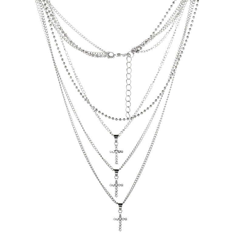 Bohemia Jewelry Multi Layer Choker Necklaces for Women Fashion Cross Pendant Vintage Collier Long Crystal Necklace