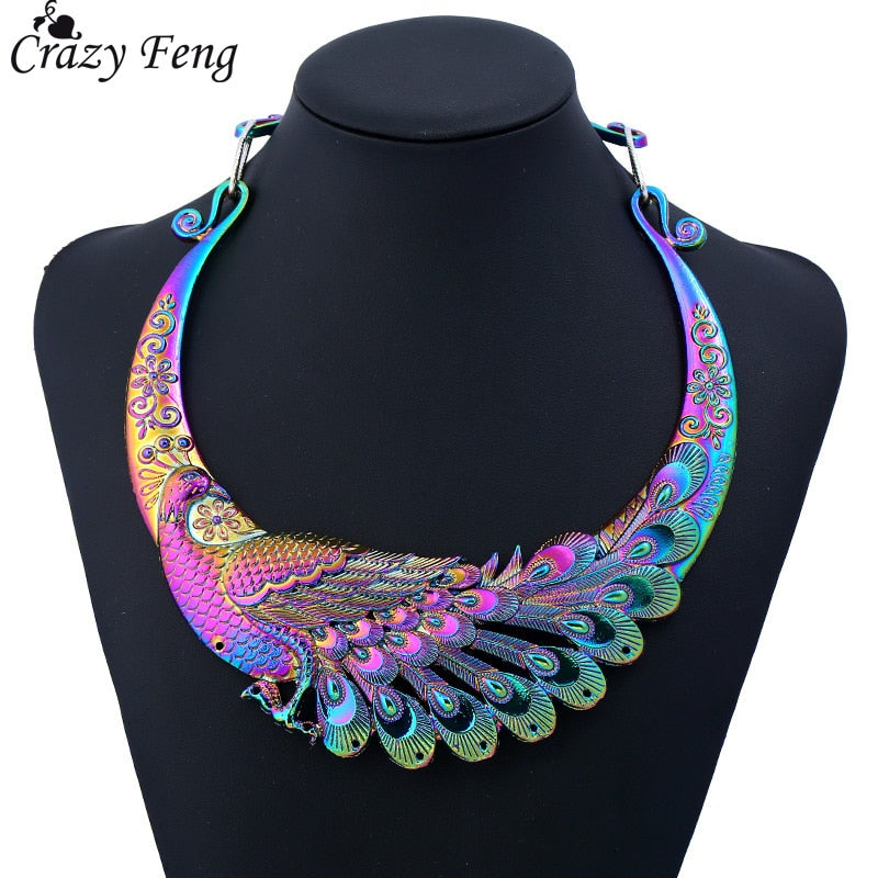 Crazy Feng Retro Ethnic Carved Colorful Peacock Big Necklace Indian Maxi Jewelry Women Silver Color Exaggerated Necklace Bijoux