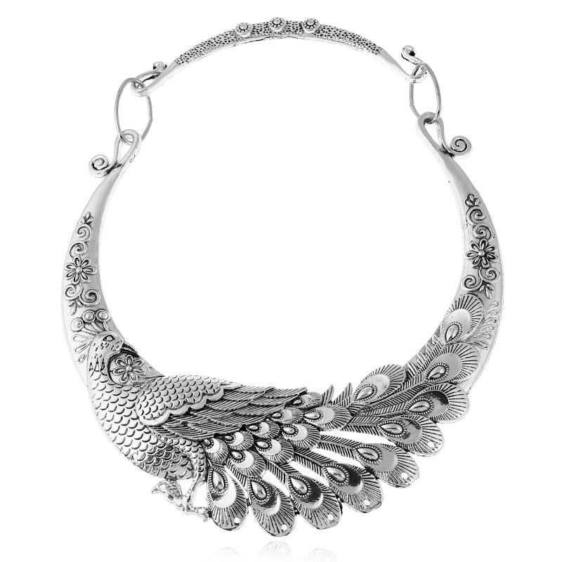 Crazy Feng Retro Ethnic Carved Colorful Peacock Big Necklace Indian Maxi Jewelry Women Silver Color Exaggerated Necklace Bijoux
