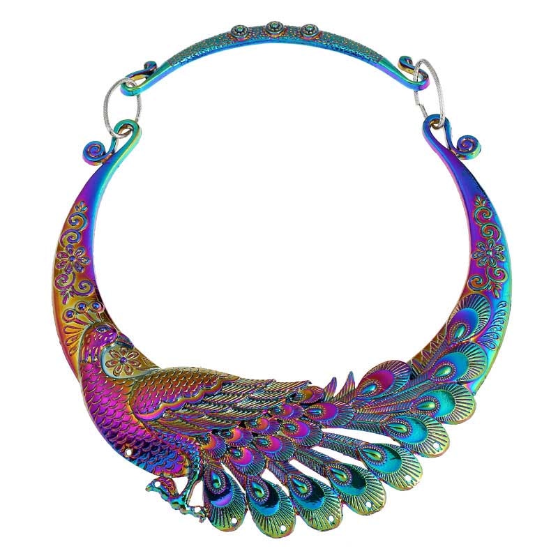 Crazy Feng Retro Ethnic Carved Colorful Peacock Big Necklace Indian Maxi Jewelry Women Silver Color Exaggerated Necklace Bijoux