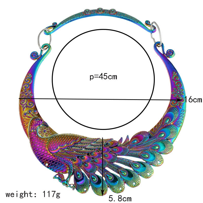 Crazy Feng Retro Ethnic Carved Colorful Peacock Big Necklace Indian Maxi Jewelry Women Silver Color Exaggerated Necklace Bijoux