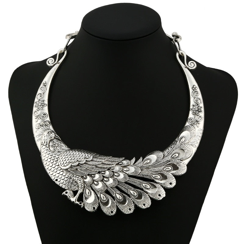 Crazy Feng Retro Ethnic Carved Colorful Peacock Big Necklace Indian Maxi Jewelry Women Silver Color Exaggerated Necklace Bijoux