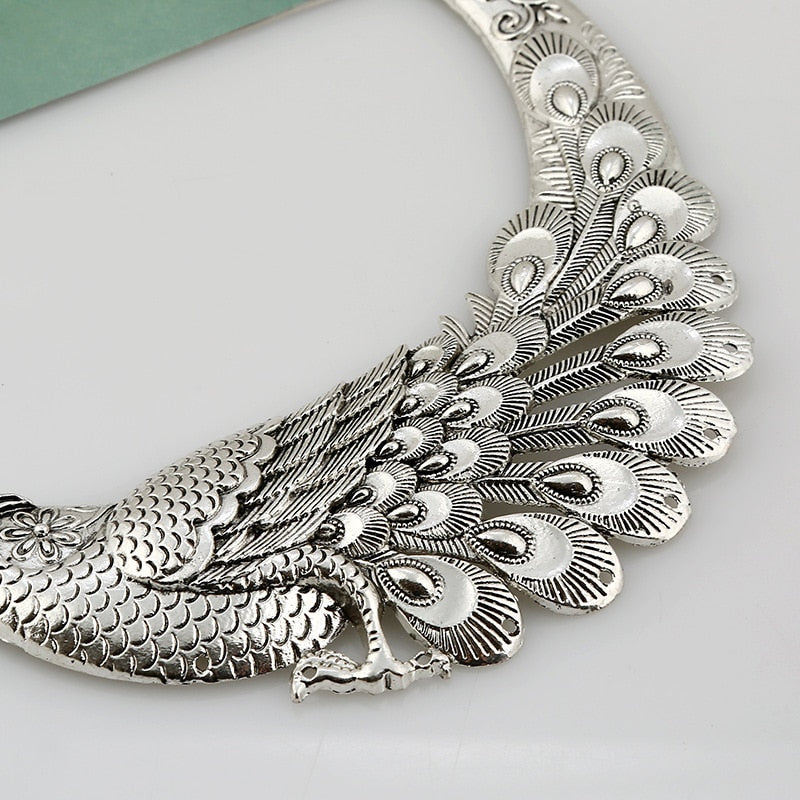 Crazy Feng Retro Ethnic Carved Colorful Peacock Big Necklace Indian Maxi Jewelry Women Silver Color Exaggerated Necklace Bijoux