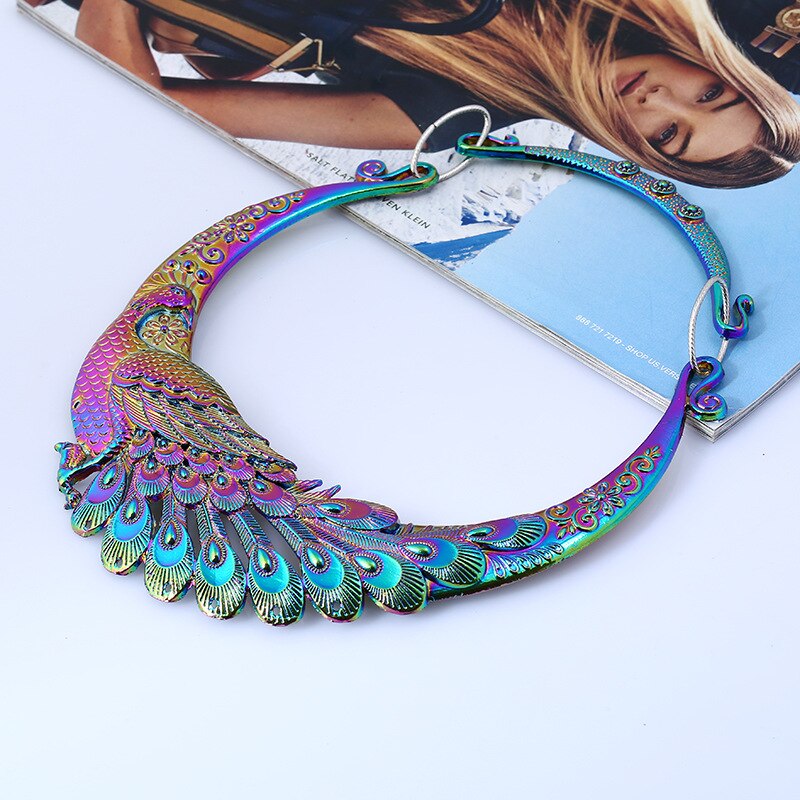 Crazy Feng Retro Ethnic Carved Colorful Peacock Big Necklace Indian Maxi Jewelry Women Silver Color Exaggerated Necklace Bijoux