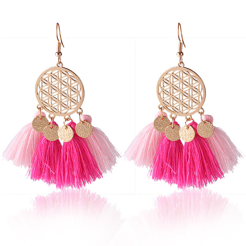Vintage Hollow Out Hanging Tassel Earrings Female Trendy Red Blue Pompom Drop Earring Brincos Statement Jewelry