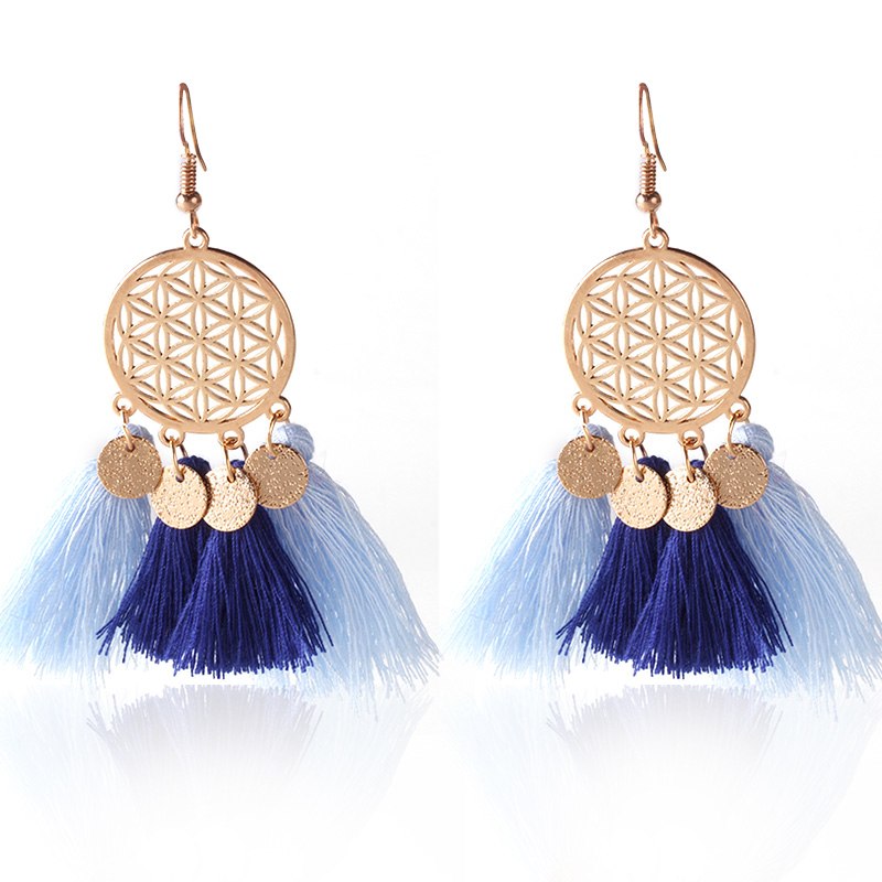 Vintage Hollow Out Hanging Tassel Earrings Female Trendy Red Blue Pompom Drop Earring Brincos Statement Jewelry