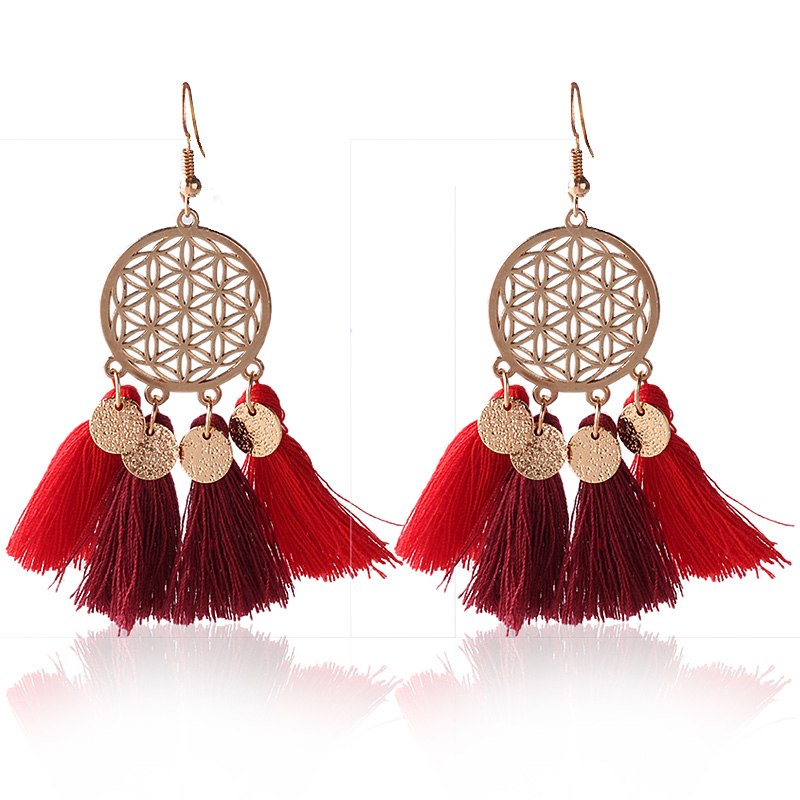 Vintage Hollow Out Hanging Tassel Earrings Female Trendy Red Blue Pompom Drop Earring Brincos Statement Jewelry
