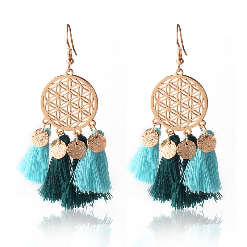 Vintage Hollow Out Hanging Tassel Earrings Female Trendy Red Blue Pompom Drop Earring Brincos Statement Jewelry