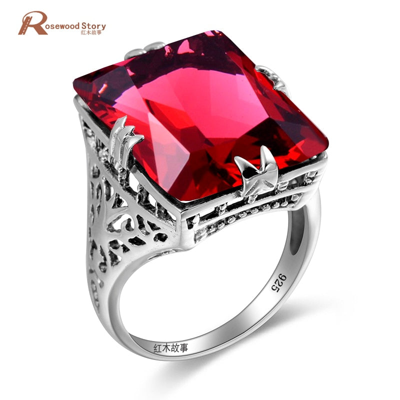 Created Ruby Stone Cocktail Ring Authentic 925 Sterling Silver Gem Stone Finger Ring Women Engagement Wedding Love Ring Jewelry