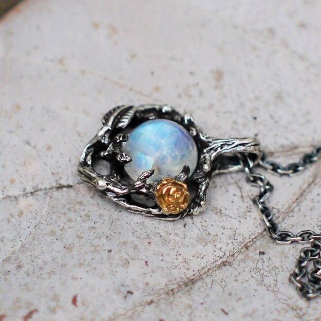 Creative Colorful Natural Moonstone Rose Pendant Europe and America Retro Tree Leaves Branches Color Necklace